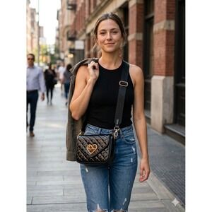 Betsey Johnson Black Patent Quilted Heart Crossbody Bag Gold Logo Pink Lining